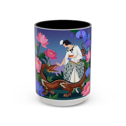 The Lady And The Garden Dragon Colorful Mugs – Art Deco Mythical Botanical Elegance
