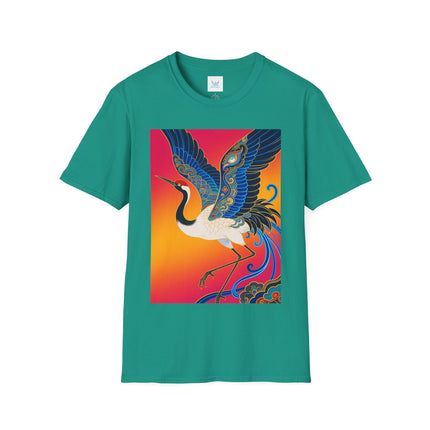 🪽🌅 The Celestial Crane Softstyle T-Shirt – Art Deco Wings Of Elegance