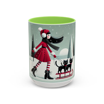 Red Sled & Curious Cats Colorful Mugs (11oz, 15oz)