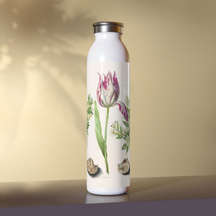 Tulip, Branches of Myrtle, and Shells by Maria Sibylla Merian Slim Water Bottle