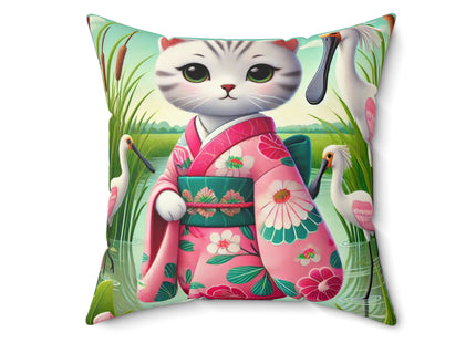 Geisha Kitten Strolls Among the Spoonbills Spun Polyester Square Pillow