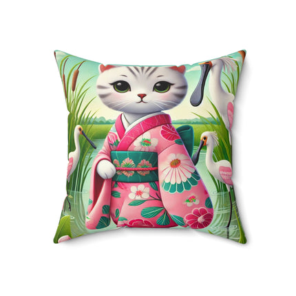 Geisha Kitten Strolls Among the Spoonbills Spun Polyester Square Pillow