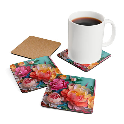 Peonies in Full Bloom Corkwood Coaster Set