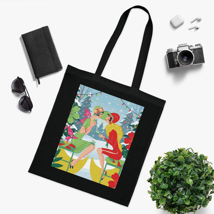🎄☕ Christmas Tea In The Snow Garden Cotton Tote Bag – Art Deco Holiday Friendship