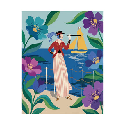 🌊🔭 The Lady Of The Seaside Lookout Matte Vertical Poster – Art Deco Nautical Whimsy