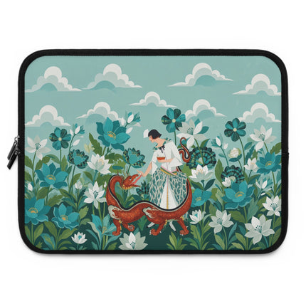 🐉🌿 The Lady And The Garden Dragon Laptop Sleeve – Art Deco Fantasy Elegance