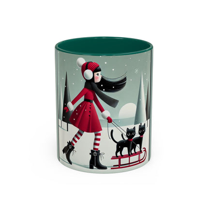 Red Sled & Curious Cats Colorful Mugs (11oz, 15oz)