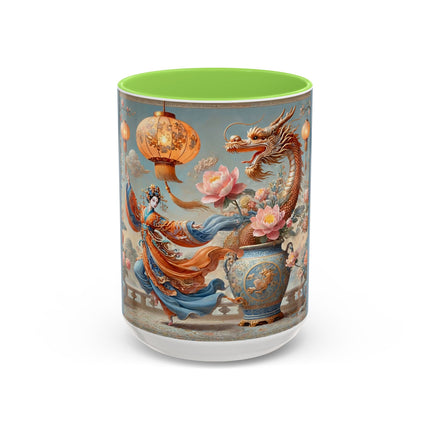 Golden Dragon & Lantern Lady Colorful Mug – Imperial Dragon & Elegant Harmony