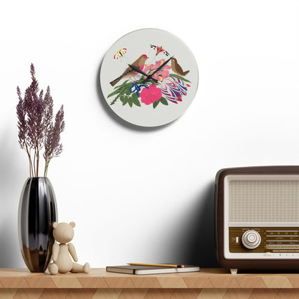 Pink-Breasted Bird & Wren Acrylic Wall Clock