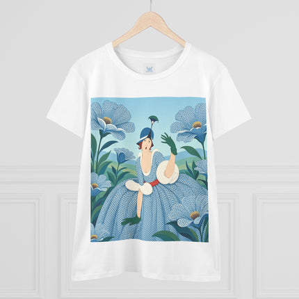 💙🌼 The Blue Blossom Garden Belle Cotton Tee – Art Deco Floral Whimsy