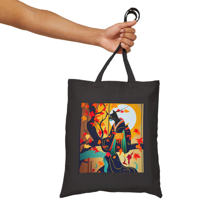 Black Cat in Kimono Cotton Canvas Tote Bag