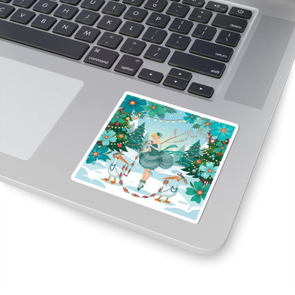 🦩🎄 The Lady Of The Christmas Garland Birds Kiss-Cut Sticker – Whimsical Art Deco Holiday Fantasy