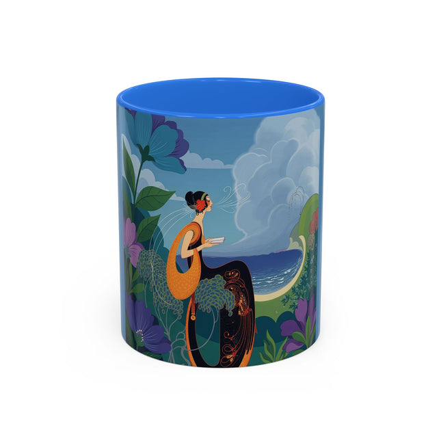 The Lady And The Sea Breeze Colorful Mugs – Art Deco Coastal Serenity