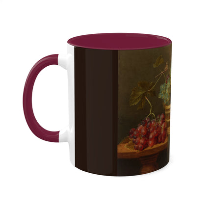 Basket of Grapes and a Pomegranate on a Table by Jacob van Hulsdonck Colorful Mugs, 11oz