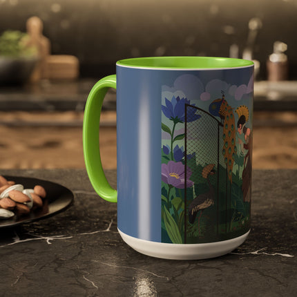 The Lady And The Enchanted Heron Colorful Mugs – Art Deco Botanical Elegance