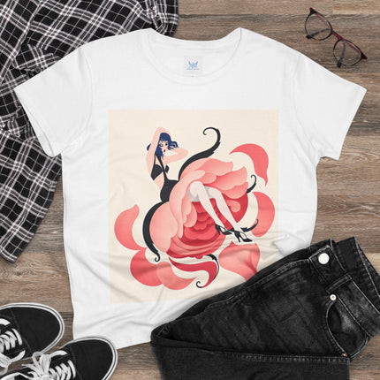 🌹🖤 The Lady Of The Blushing Rose Cotton Tee – Art Deco Fashion Illustration