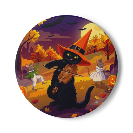 🐈‍⬛🎻 The Black Cat’s Moonlit Melody Ceramic Coaster – Whimsical Halloween Music