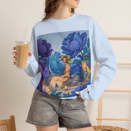 💙🌸 The Lady Among The Blue Blossoms Crewneck Sweatshirt – Art Deco Floral Reverie