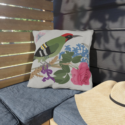Woodpecker & Rose Outdoor Pillows – Vibrant Nature & Timeless Charm
