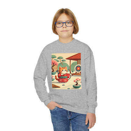 Archer Kitten in the Zen Garden Youth Crewneck Sweatshirt – Focus, Calm & Playful Precision