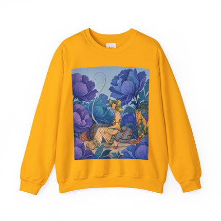 💙🌸 The Lady Among The Blue Blossoms Crewneck Sweatshirt – Art Deco Floral Reverie