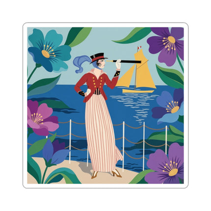 🌊🔭 The Lady Of The Seaside Lookout Kiss-Cut Stickers – Art Deco Nautical Adventure