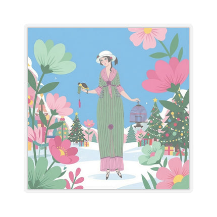 🐦🎄 The Lady Of The Christmas Songbird Kiss-Cut Sticker – Art Deco Holiday Fantasy