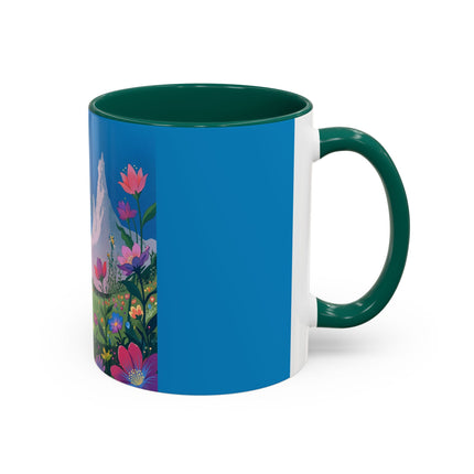 The Lady And The Moonlit Peak Colorful Mugs – Art Deco Alpine Garden Elegance