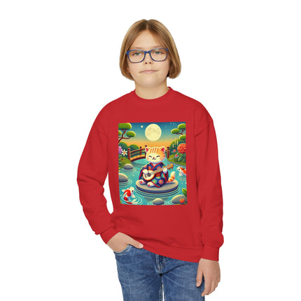 Melodic Kitten by the Koi Pond Youth Crewneck Sweatshirt – Harmony, Joy & Whimsical Charm