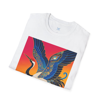 🪽🌅 The Celestial Crane Softstyle T-Shirt – Art Deco Wings Of Elegance
