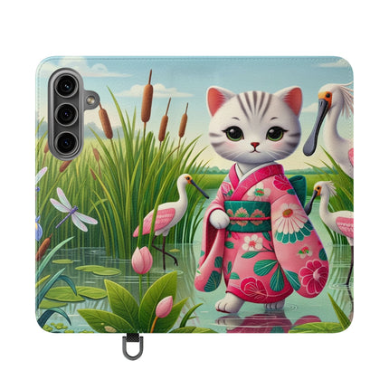 🦩🌸 Geisha Kitten Strolls Among the Spoonbills Flip Case – Serene Grace & Marshland Wonder