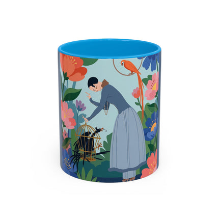 The Lady And The Mysterious Bird Colorful Mugs – Art Deco Botanical Mystery