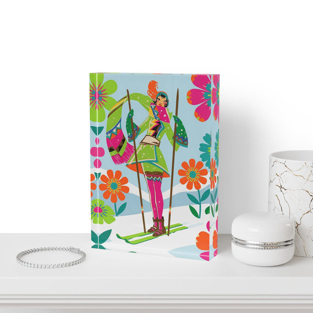 🎿🌸 The Winter Flower Adventurer Acrylic Art Block – Colorful Ski Fantasy