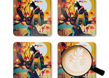 Black Cat in Kimono Corkwood Coaster Set