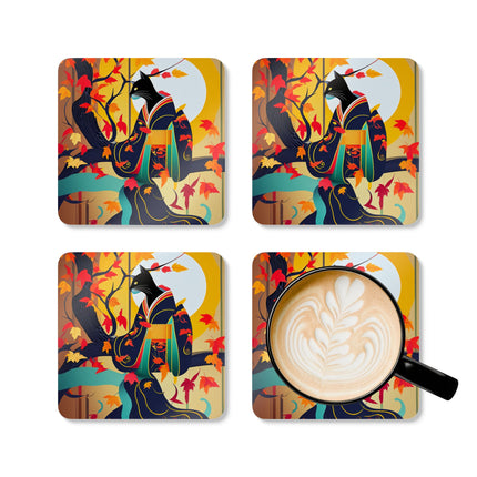 Black Cat in Kimono Corkwood Coaster Set