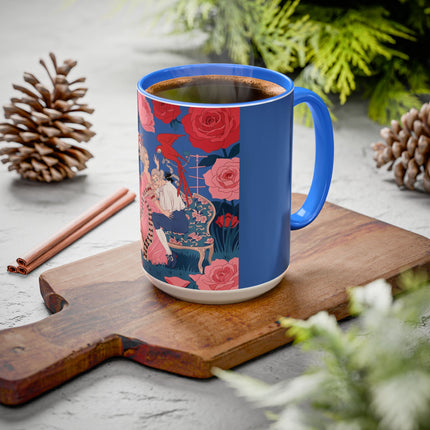 The Lady And The Scarlet Macaw Colorful Mugs – Art Deco Floral Elegance