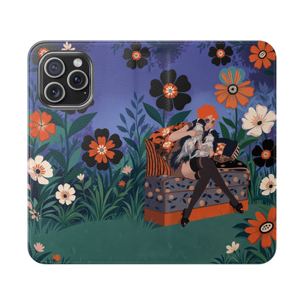 🌺🐈 The Lady Of The Midnight Garden Cat Flip Case – Art Deco Floral Fantasy
