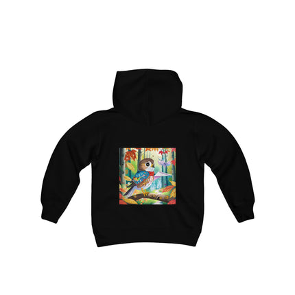 Baby Hawk Plays in Forest Youth Hooded Sweatshirt – Gentle Adventure in Nature