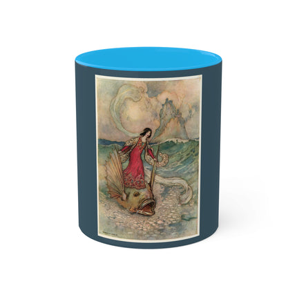 Rita Rides on the Dolphin by Warwick Goble Colorful Mugs, 11oz