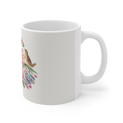 Pair of Brown Birds on Bouquet with Tulip, Rose, Snapdragons, and Butterflies by Anonymous Ceramic Mug 11oz