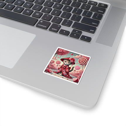Whimsical Geisha Kitten in a Valentine Garden Kiss-Cut Stickers (4 Sizes)