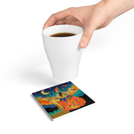 🌙🎃 The Witch Of Crescent Moon Pumpkin Ceramic Coaster – Colorful Halloween Charm