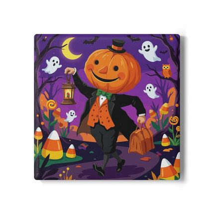 🎃🏮 The Pumpkin Gentleman’s Moonlit Stroll Ceramic Coaster – Whimsical Halloween Charm