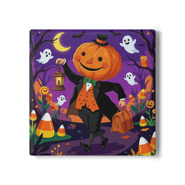 🎃🏮 The Pumpkin Gentleman’s Moonlit Stroll Ceramic Coaster – Whimsical Halloween Charm