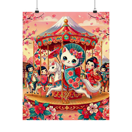 🎠🌸 Geisha Kitten's Enchanted Carousel Ride Matte Vertical Poster – Whimsical Dreams & Cherry Blossom Magic