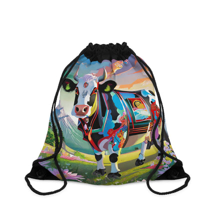 Cyber Glitch Cow Drawstring Bag