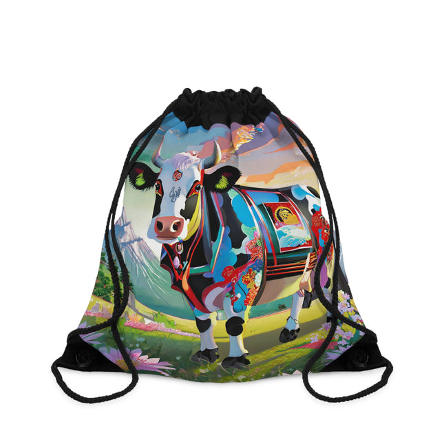 Cyber Glitch Cow Drawstring Bag