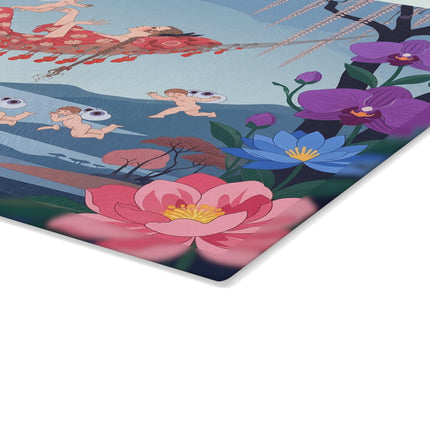 🌸🪽 The Garden Of Little Cupids Glass Cutting Board – Art Deco Floral Fantasy