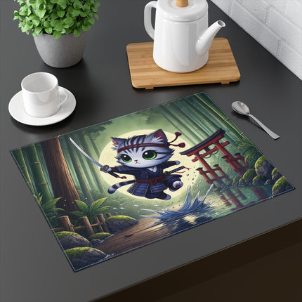 🐱🌕 Moonlit Samurai Kitty Placemat – Enchanted Japanese Bamboo Warrior Fantasy