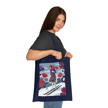 🎿🌺 The Winter Flower Skier Cotton Tote Bag – Art Deco Winter Fantasy